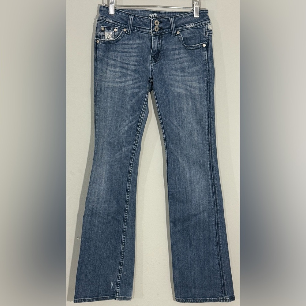 Miss Me Low Rise Bootcut Jeans Embellished Pockets Y2K Blue Denim